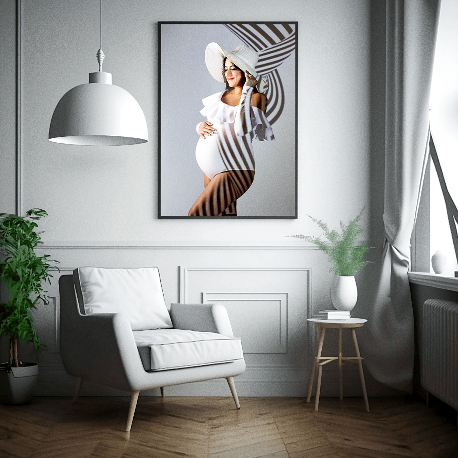 fine art print in living room of maternity mother