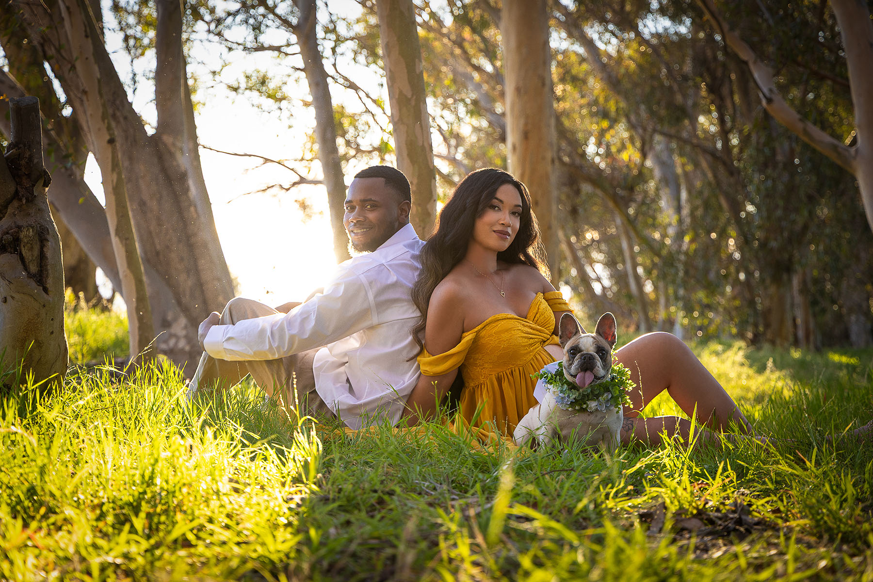 couple with dog in forrest with maternity dress